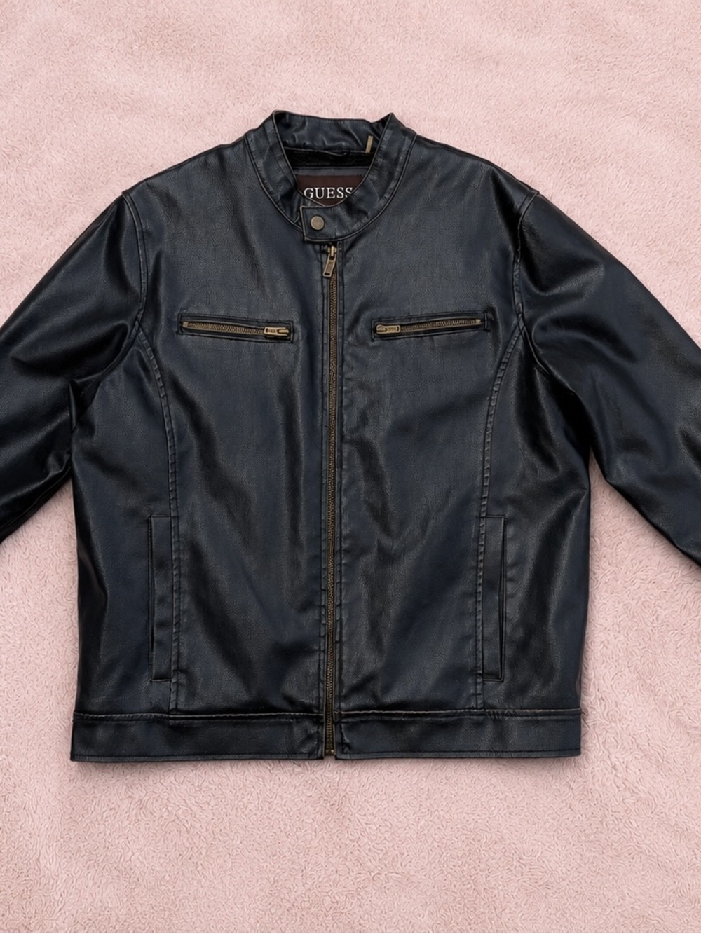 GUESS Black Faux Leather Bomber Jacket with Zip Pockets - size L